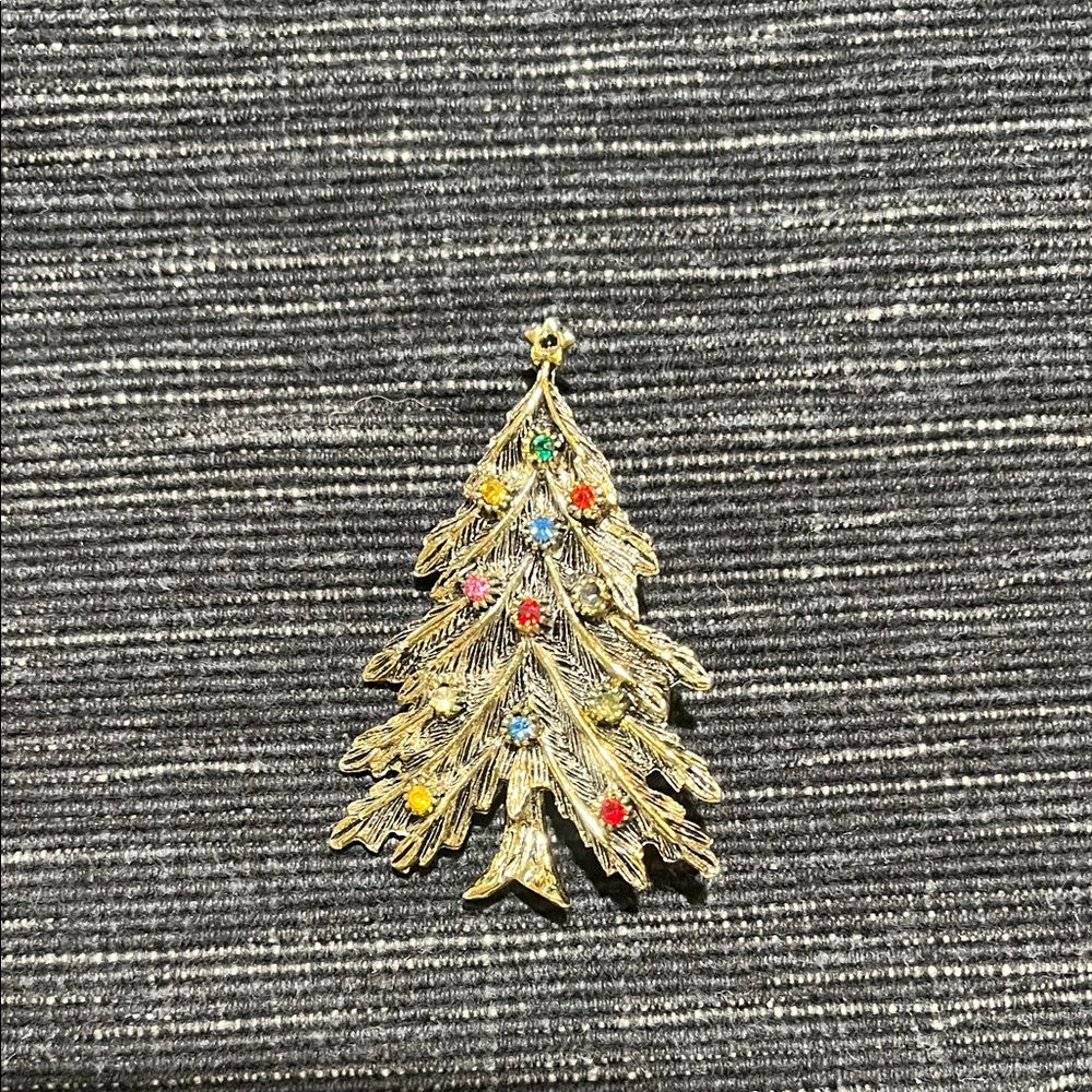 Festive Gold Christmas Tree Brooch with Colorful Accents